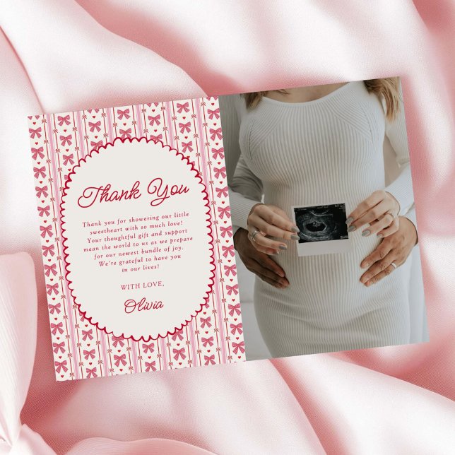 Tarjeta De Agradecimiento Little Sweetheart Pink Red Bow Baby Shower Photo (Subido por el creador)
