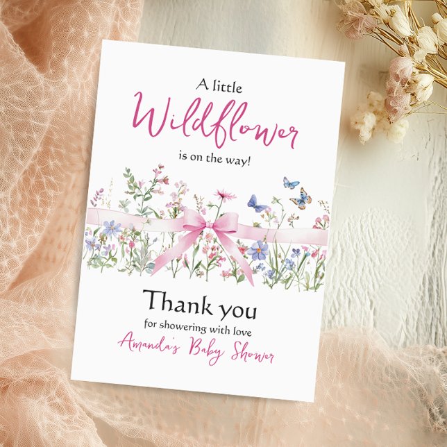 Tarjeta De Agradecimiento Little Wildflower Floral Girl Pink Bow Baby Shower (Subido por el creador)