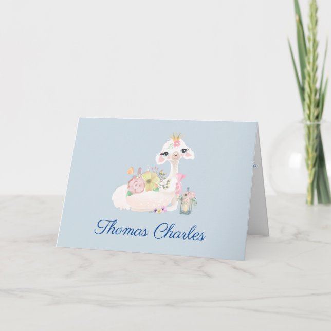 Tarjeta De Agradecimiento Llama azul y blanco con el bebé florido (Anverso)