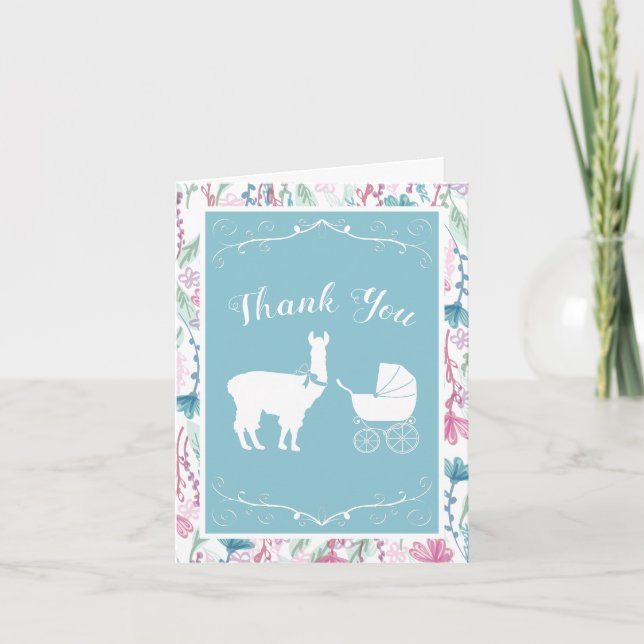 Tarjeta De Agradecimiento Llama Baby Shower Cute Blue Boy (Anverso)