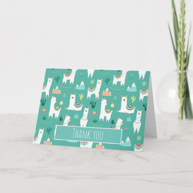 Tarjeta De Agradecimiento Llama y Cactus Patrón en Verde (Anverso)