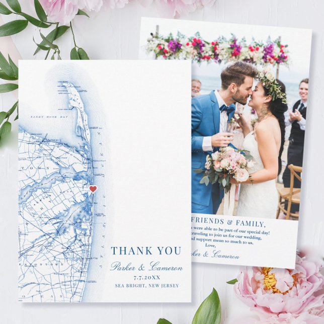 Tarjeta De Agradecimiento Llanto marino mapa de Nueva Jersey plano Boda foto (These Sea Bright New Jersey wedding photo thank you cards are perfect for your Jersey Shore wedding)