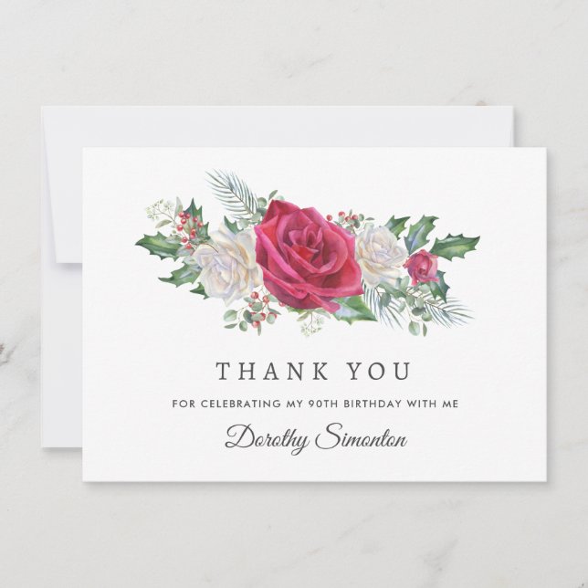 Tarjeta De Agradecimiento Llanura de cumpleaños 90 de Red Rose Holly Winter (Anverso)