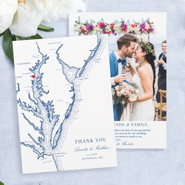 Tarjeta De Agradecimiento Llanura de la bahía de Chesapeake de Annapolis en  (These Annapolis wedding photo thank you cards are perfect for your Maryland destination wedding
)