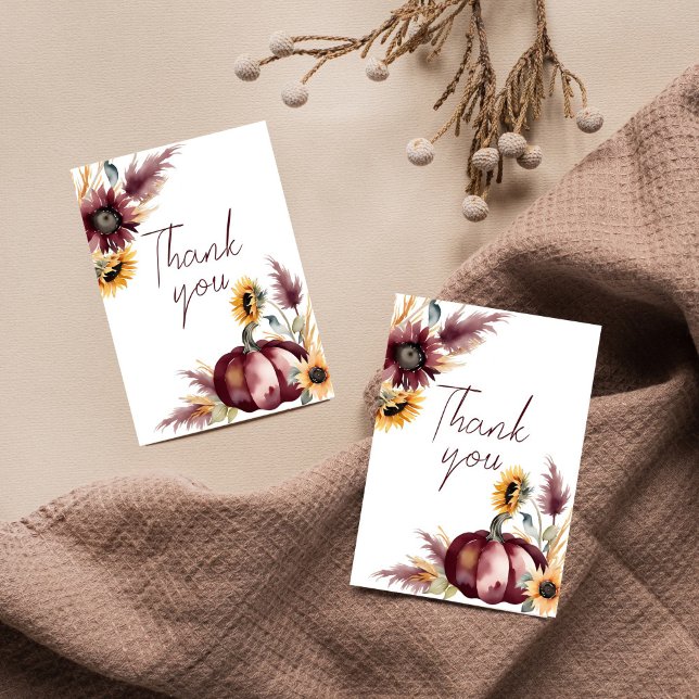 Tarjeta De Agradecimiento Lluvia de amor boho calabaza girasol despedida de  (Fall in love boho bridal shower thank you cards burgundy pumpkin sunflowers pampas grass thank you)