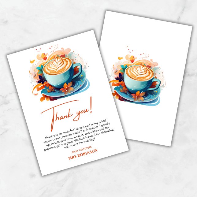 Tarjeta De Agradecimiento Lluvia de Amor Floral Azul está en ebullición Desa (Blue Floral Love is Brewing Coffee Bridal Shower Thank You Card )