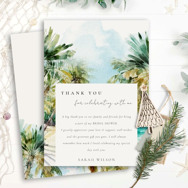 Tarjeta De Agradecimiento Lluvia de Boda Aquarela de Palmeras Playa Tropical (Subido por el creador)