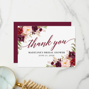 Tarjeta De Agradecimiento Lluvia de boda floral caligrafía burdeos