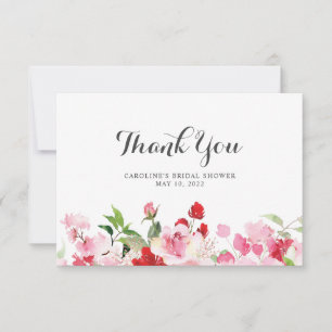 Tarjeta De Agradecimiento Lluvia de Boda Rosas Rosadas Rojo Acuarela