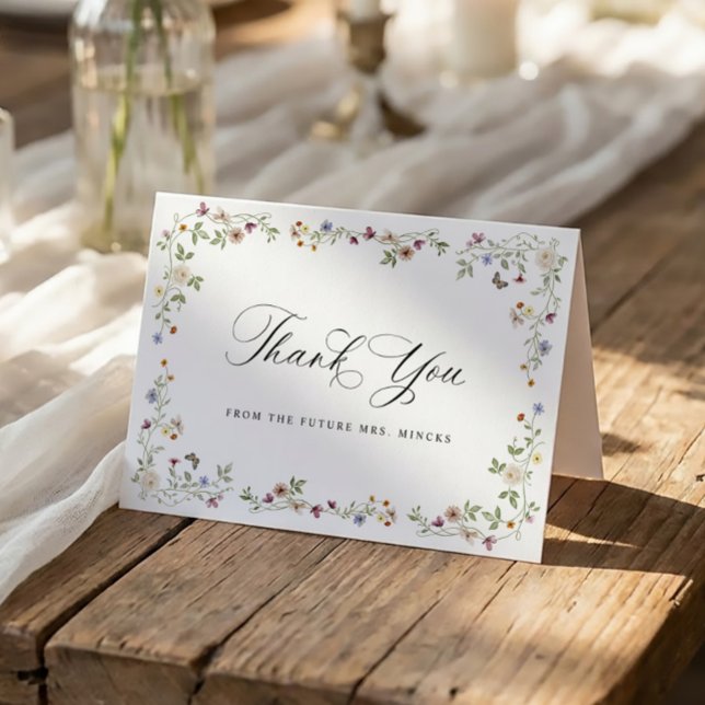 Tarjeta De Agradecimiento Lluvia de Flores Silvestres Clásico Bridal Shower  (Folded bridal shower thank you card with watercolor wildflowers and elegant botanical greenery)