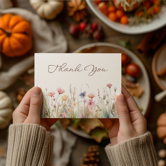 Tarjeta De Agradecimiento Lluvia de flores silvestres de prado en acuarela p (Watercolor Meadow Wildflowers Bridal Shower Thank You Card)