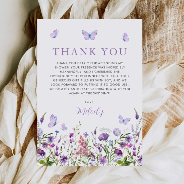 Tarjeta De Agradecimiento Lluvia de Mariposas Silvestres para Boda (Lifetime of Butterflies Wildflower Bridal Shower Thank You Card)