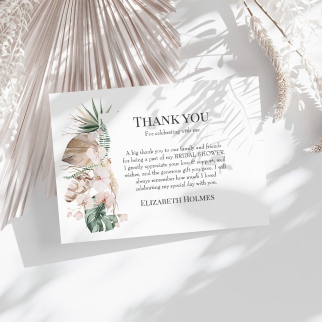 Tarjeta De Agradecimiento Lluvia de regalos para la novia Orquídea tropical  (Tropical Orchid & Monstera Bridal Shower Thank You Card on a sunny white table with dry botanicals.)