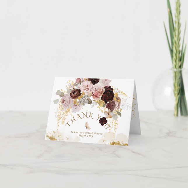 Tarjeta De Agradecimiento Lluvia de regalos para novia Floral Dorado de Flor (Anverso)