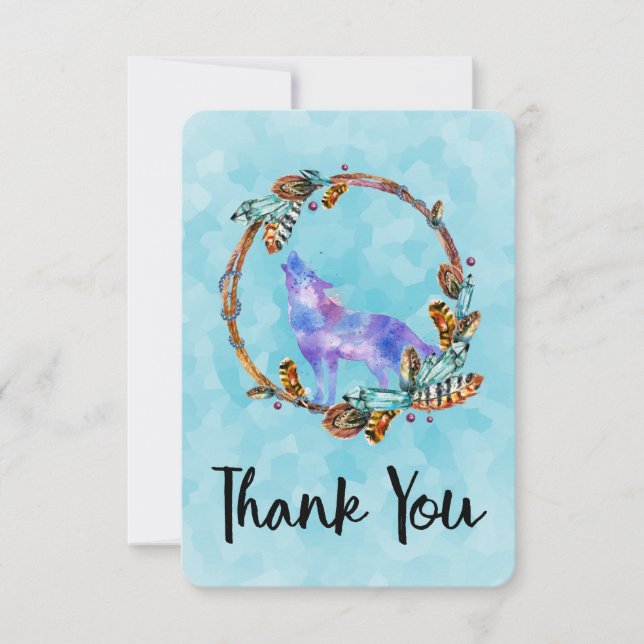 Tarjeta De Agradecimiento Lobo acuarela con estilo boho Gracias (Anverso)