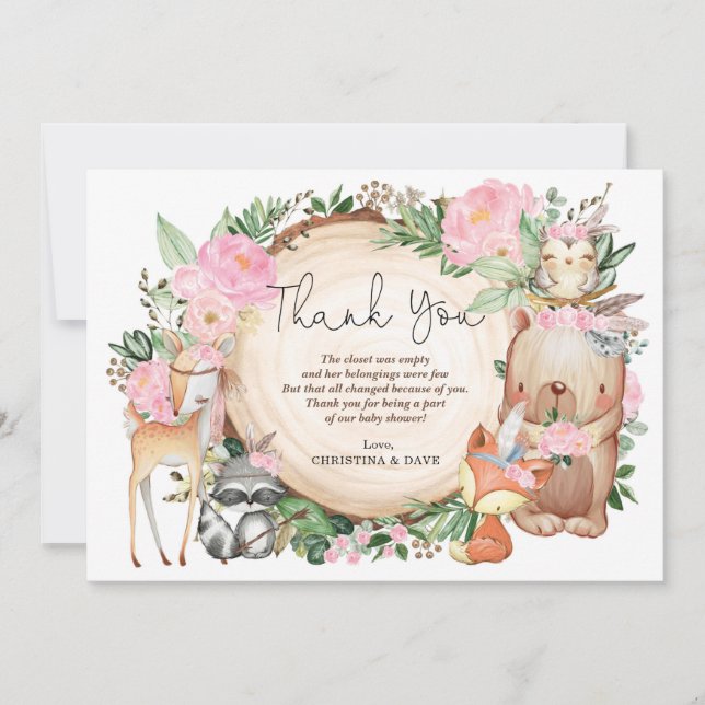 Tarjeta De Agradecimiento Lobo Rosado de la Tribal Woodland Baby Shower Grac (Anverso)