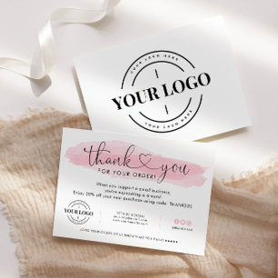Tarjeta De Agradecimiento Logotipo comercial Gracias Rubor Pink Script Heart