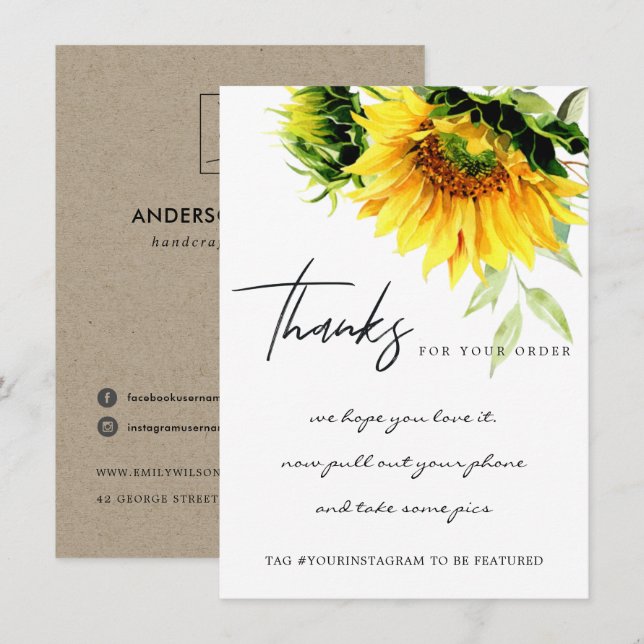 TARJETA DE AGRADECIMIENTO LOGOTIPO EMPRESARIAL DE FLORAL AMARILLO SUNFLOWLOW (Anverso / Reverso)