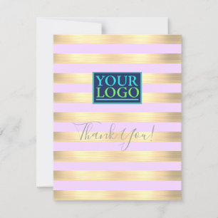 Tarjeta De Agradecimiento Logotipo empresarial, nombre dorado y rayas lila,