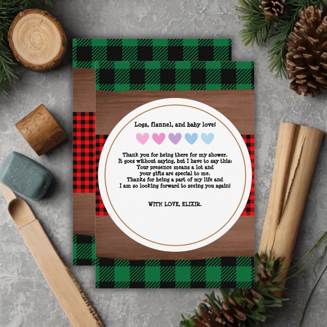 Tarjeta De Agradecimiento Logs Flannel Rustic Plaid Hearts Baby Shower (Subido por el creador)