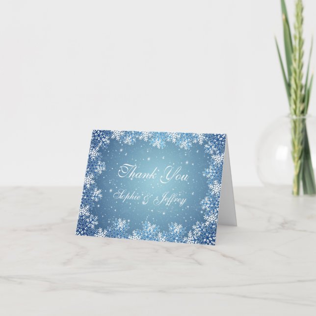 Tarjeta De Agradecimiento Los copos de nieve azules blancos en la boda azul (Anverso)