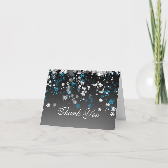 Tarjeta De Agradecimiento Los copos de nieve blancos, azules en la boda (Anverso)