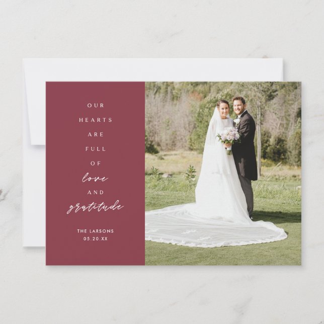 Tarjeta De Agradecimiento Los corazones están llenos Dos Bodas rojos fotográ (Anverso)