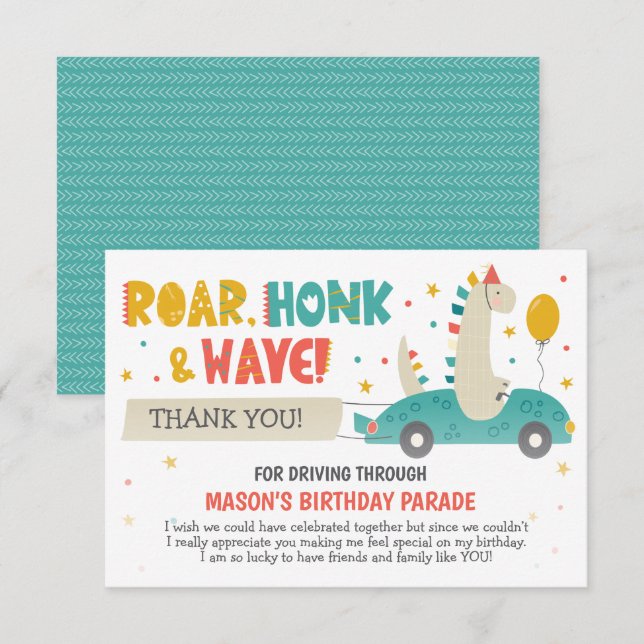 Tarjeta De Agradecimiento Los Dinosaurios Roares Conducen Por Cumpleaños (Anverso / Reverso)
