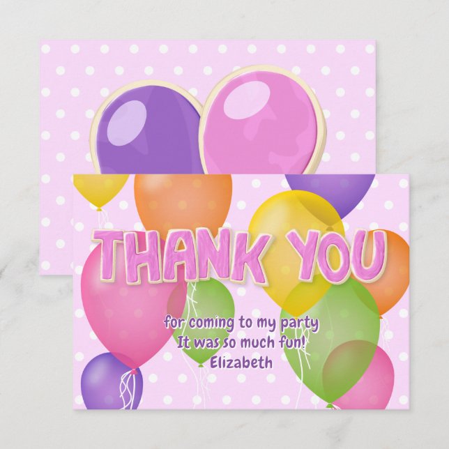 Tarjeta De Agradecimiento los globos de los recortes rosados cumpleaños grac (Anverso / Reverso)