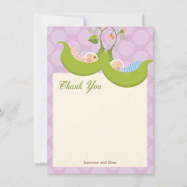 Tarjeta De Agradecimiento Los guisantes en un chica Baby Shower del muchacho (Anverso)