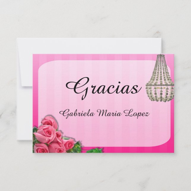 Tarjeta De Agradecimiento Los rosas y las lámparas Quinceanera le agradecen (Anverso)