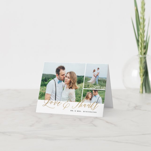 Tarjeta De Agradecimiento Love and Thanks Gold Script 3 Photo Wedding (Anverso)