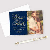 Love and Thanks Gold Script Navy Wedding Photo