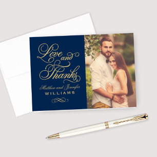 Tarjeta De Agradecimiento Love and Thanks Gold Script Navy Wedding Photo