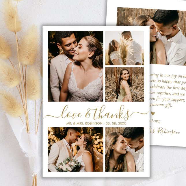 Tarjeta De Agradecimiento Love and Thanks Gold Script Photo Collage Wedding (Subido por el creador)