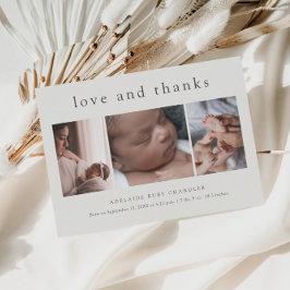 Tarjeta De Agradecimiento Love and Thanks Minimal 3 Photo Collage New Baby