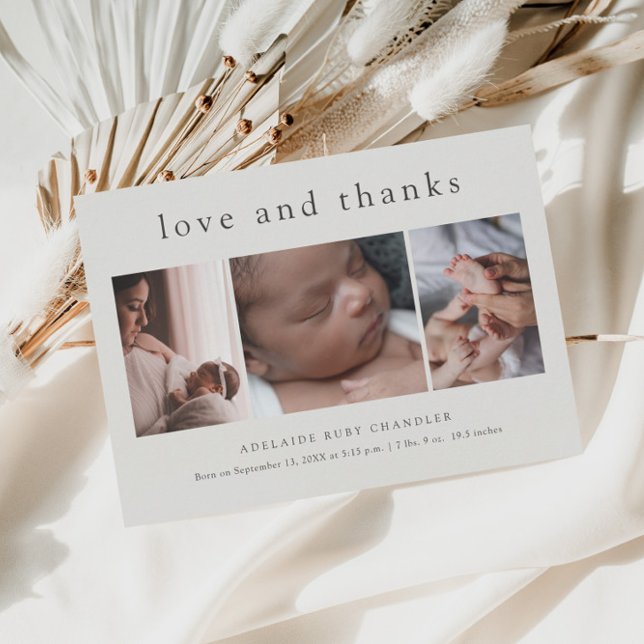 Tarjeta De Agradecimiento Love and Thanks Minimal 3 Photo Collage New Baby (Subido por el creador)