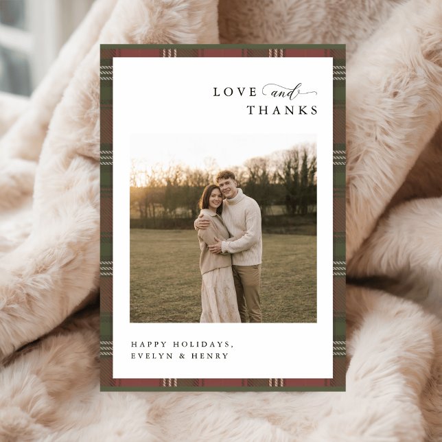 Tarjeta De Agradecimiento Love and Thanks | Newlywed Plaid Christmas Photo (Subido por el creador)