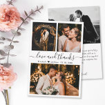 Tarjeta De Agradecimiento Love and Thanks Script Wedding Photo<br><div class="desc">Elegant, Minimalist Hand Lettered Wedding Photo Thank You Card. Stylish wedding thank you card template featuring three photo on the front and one photo on the back. With the text "Love and thanks" in a swirly hand lettered typography script font in black on white background. Personalize the custom name and...</div>