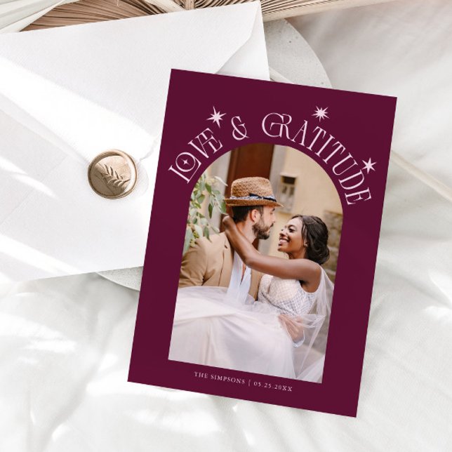 Tarjeta De Agradecimiento Love & Gratitude Minimal Wedding Photo Cranberry (Subido por el creador)