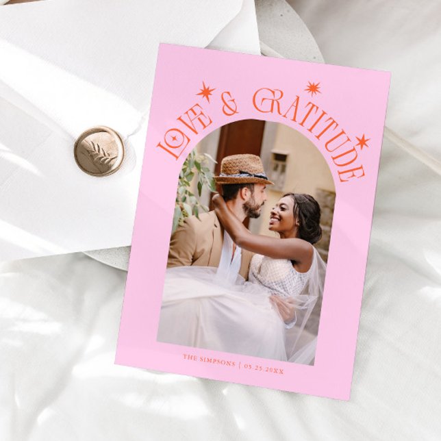 Tarjeta De Agradecimiento Love & Gratitude Minimal Wedding Photo Orange Pink (Subido por el creador)