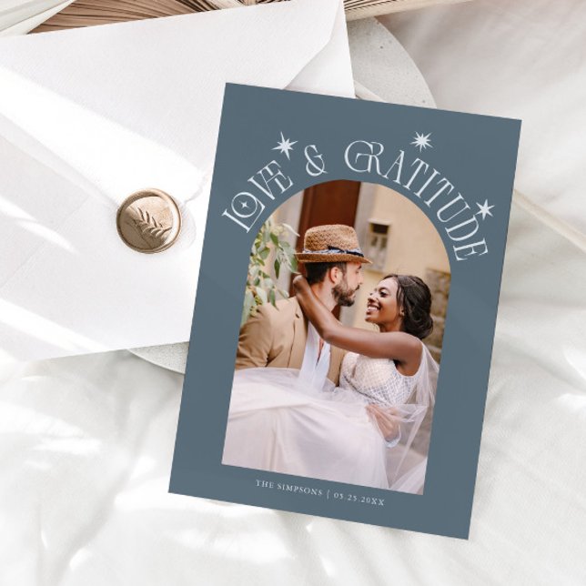 Tarjeta De Agradecimiento Love & Gratitude Minimal Wedding Photo Slate Blue (Subido por el creador)