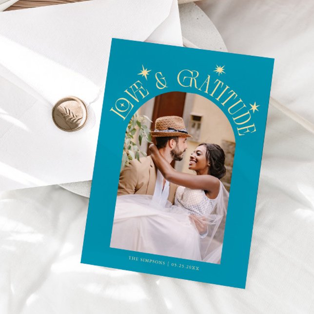 Tarjeta De Agradecimiento Love & Gratitude Minimalist Wedding Photo Aqua (Subido por el creador)