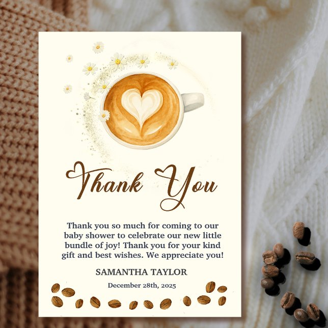 Tarjeta De Agradecimiento Love is Brewing Baby Shower Thank You Crad (Love is Brewing Baby Shower Thank You Crad #zazzlemade #thankyoucard #babyisbrewing #coffeeanddaisy)