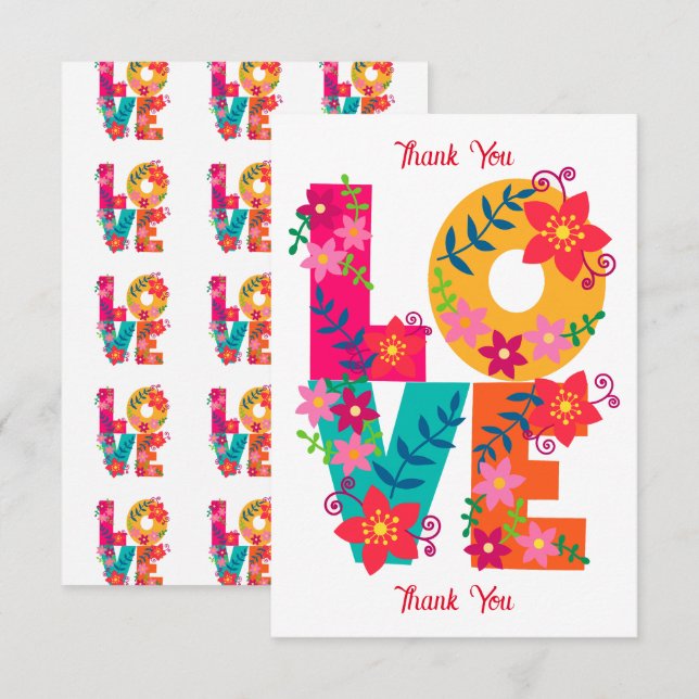 Tarjeta De Agradecimiento LOVE typography clipart, diseño floral (Anverso / Reverso)