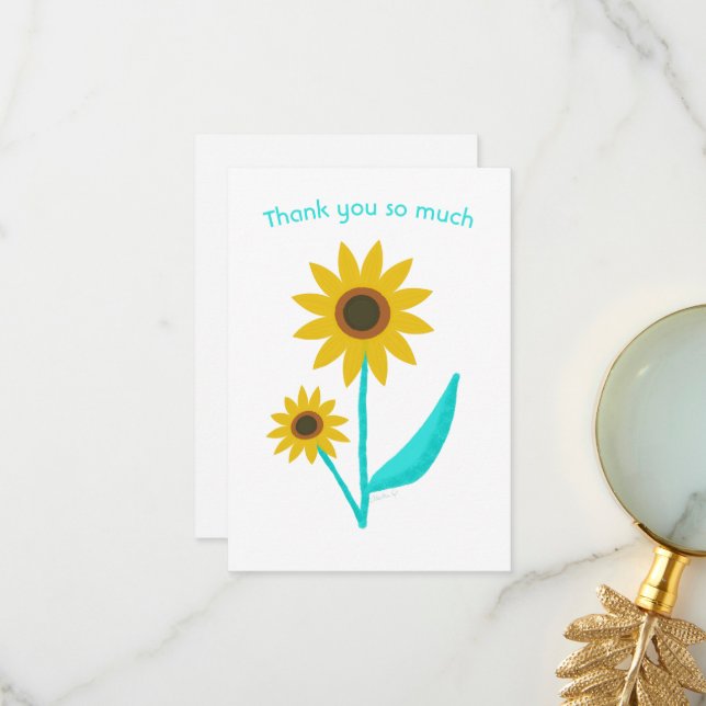 Tarjeta De Agradecimiento Lovely Hand Drawn Digital Sweet Sunflower (Anverso/Reverso In Situ)