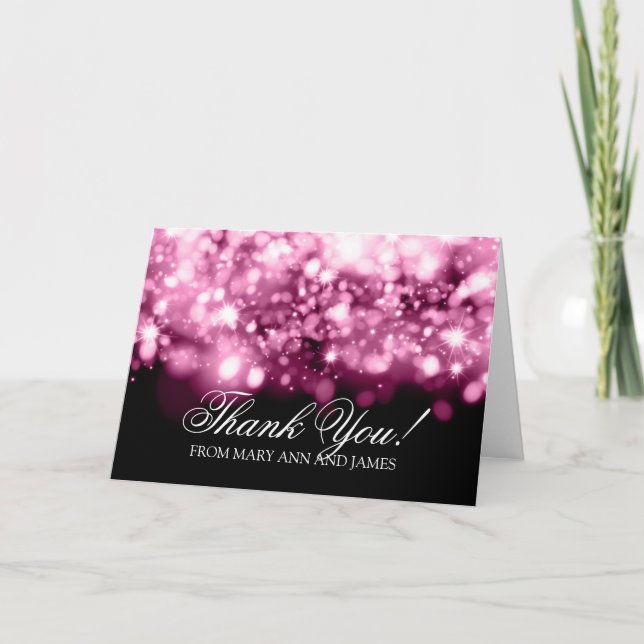 Tarjeta De Agradecimiento Luces brillantes rosadas de "Gracias" por la boda (Anverso)