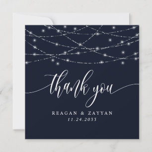 Tarjeta De Agradecimiento Luces de Cadena Azul Marino Elegante Boda