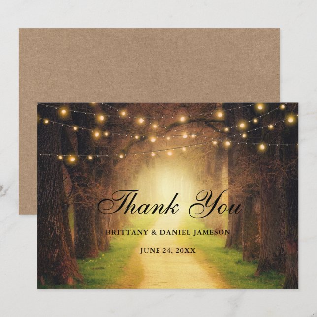Tarjeta De Agradecimiento Luces de Cadena de Camino del Bosque Rústico Boda  (Anverso / Reverso)