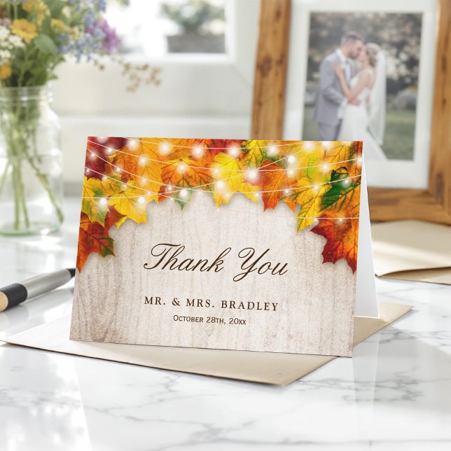Tarjeta De Agradecimiento Luces de Cadena de Hojas de Otoño Rústicas Gracias (Subido por el creador)